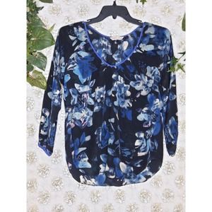 Women's Rebecca Taylor Blouse Black Blue Pink Flowers 100% Silk Size 4
